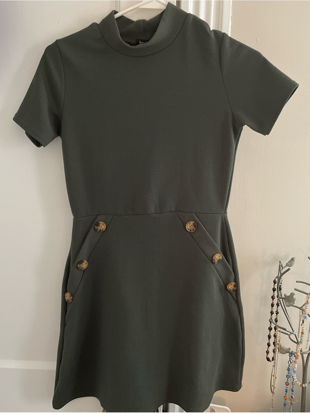 Boohoo Olive Green Textured Short Sleeve Dress